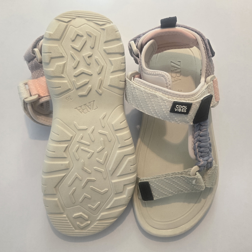 Zara Cream and Pale Pink Strap Sandals with Braided Detail - Picture 2 of 3
